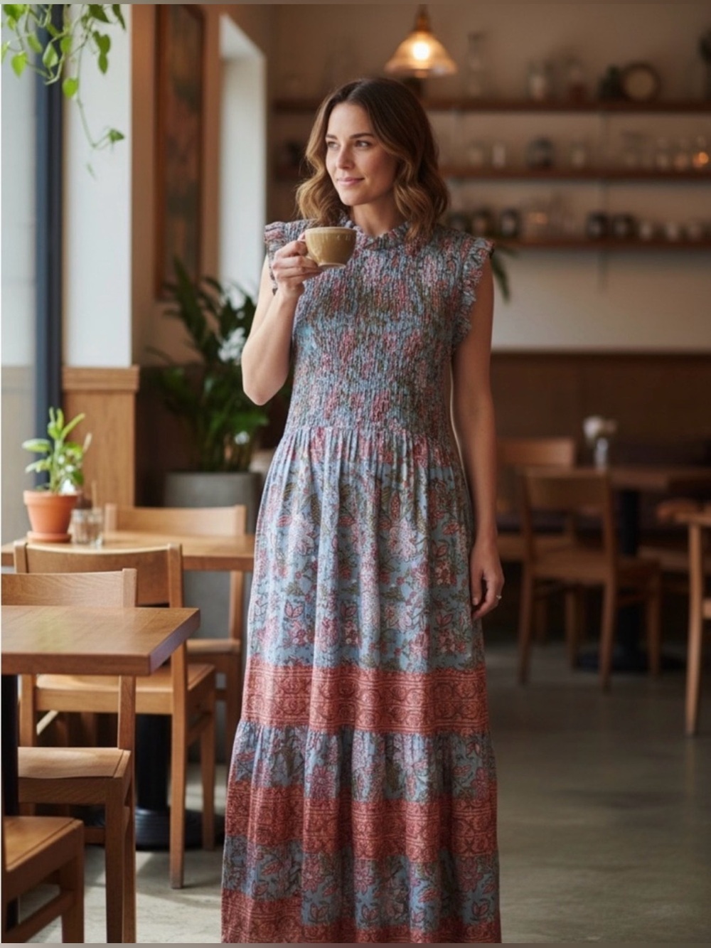 Calypso St. Barth Blue and Rust Floral Tiered Maxi Dress- Size S